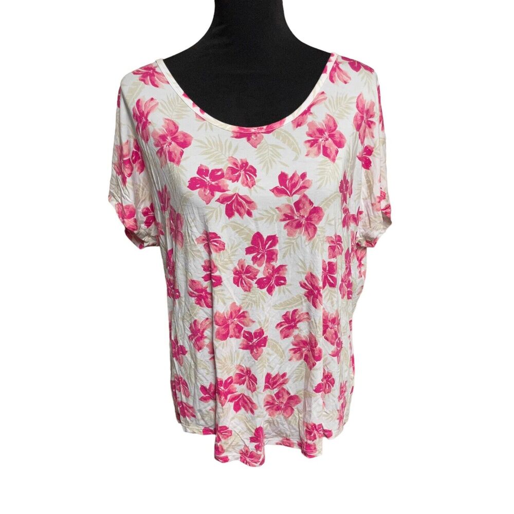 Land's End Large Pink Floral Top Soft Tshirt Hawaiian Stretchy Summer Hibiscus